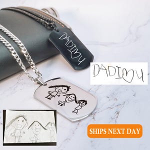 Aangepaste handschrift herenketting, gegraveerde ketting met echt handschrift, handgemaakte sieraden kindertekening ketting, cadeau voor papa