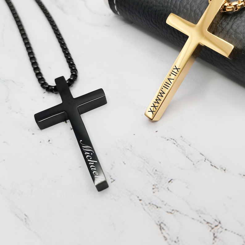 Personalized Cross Necklace Men Custom Engraved Mens Jewelry Cross Pendant Necklace Baptism Christian Bible Verse Gifts for Him image 2
