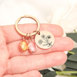 May include: A gold-colored keychain with a round charm featuring a floral design and two teardrop-shaped gemstones in orange and pink. The keychain is held in a hand.