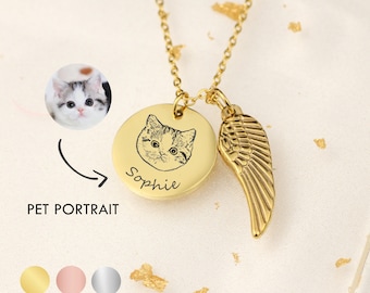 Personalized Pet Portrait Necklace, Custom Pet Memorial Gift, Engraved Dog Cat Photo Jewelry, Gifts for Dog Mom Pet Lover, Pet Loss