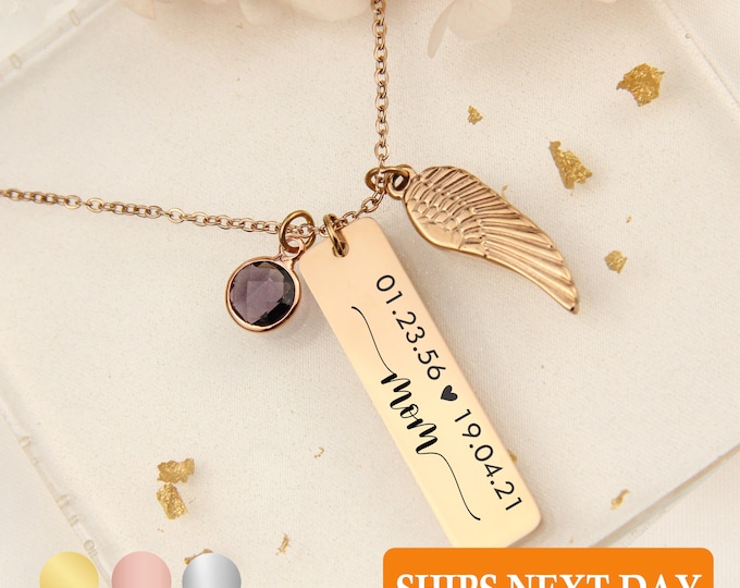 Personalized Memorial Jewelry Monogram Engraved Necklaces Birthstone Pendant Bereavement Gift Loss of a Loved One Wing Necklace Unique Gift