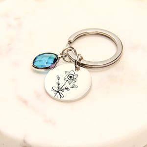 May include: A silver-colored keychain with a round charm featuring a black floral design and a blue gemstone. The keychain has a split ring for attaching keys.