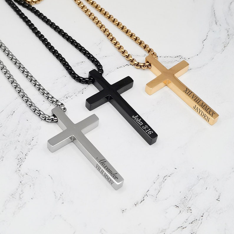 Personalized Cross Necklace Men Custom Engraved Mens Jewelry Cross Pendant Necklace Baptism Christian Bible Verse Gifts for Him image 6