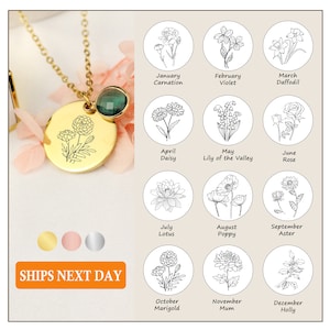 Custom Birth Month Flower Necklace Personalized Birthstone Necklace Birthflower Pendant Birth Flower Charm Handmade Jewelry Gift For Mom