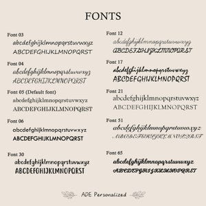 May include: A chart showing 10 different font styles with the alphabet in lowercase and uppercase. The fonts are labeled with numbers: 03, 04, 05, 06, 12, 17, 21, 30, 51, and 65. The text at the bottom of the chart reads "ADE Personalized".
