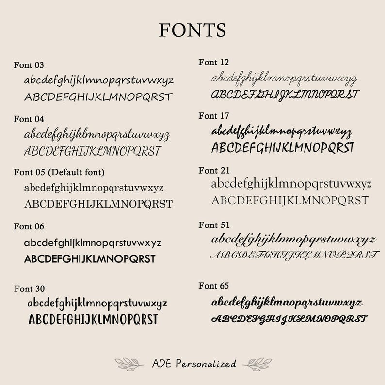 May include: A chart showing 10 different font styles with the alphabet in lowercase and uppercase. The fonts are labeled with numbers: 03, 04, 05, 06, 12, 17, 21, 30, 51, and 65. The text at the bottom of the chart reads "ADE Personalized".
