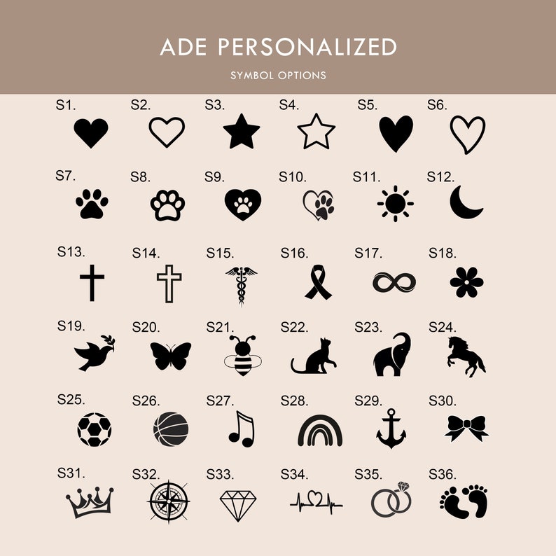 May include: A chart with 36 black and white symbols, labeled S1 through S36. The symbols include hearts, stars, paw prints, crosses, infinity signs, flowers, doves, butterflies, bees, cats, elephants, horses, soccer balls, basketballs, musical notes, rainbows, anchors, bows, crowns, compasses, diamonds, heartbeats, wedding rings, and footprints.
