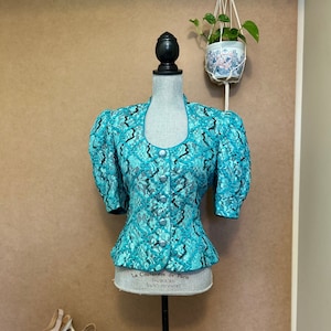 1980s Mermaid Jacket / Large-XL / Vintage Dress Jacket Blouse / Green Sequined Puffed Sleeves Sweetheart Neckline