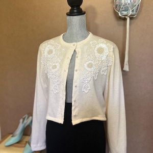 1960s Beaded Wool Cardigan / XS-Small / Vintage Cream Sweater / Beads and Sequins / Lined Wool