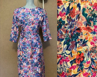 1960s Floral Silk Dress – Rosette Detail, Cottagecore Style