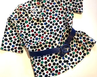 80s Polkadot Top with Jewel Tones, Small - Medium / Pearl Buttons and Epaulets / Vintage Blouse