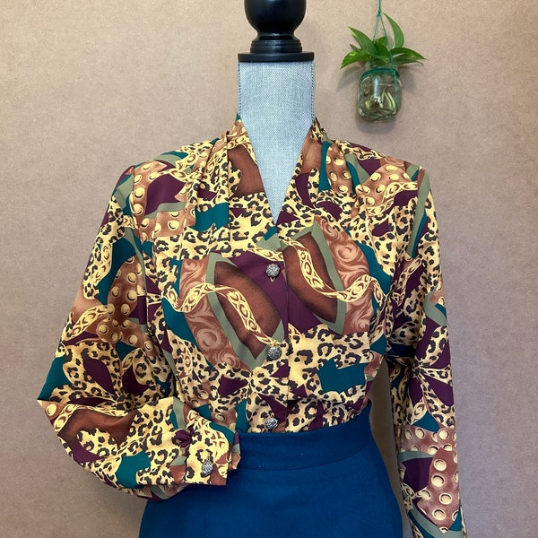 1980s Jungle Blouse / Large / Vintage Silky Dress Shirt