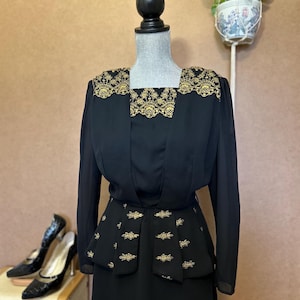 Vintage Black and Gold Dress / Medium / 1970s Dress
