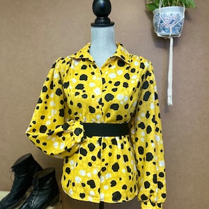 1980s Yellow Blouse / Medium-Large / Vintage Office Wear / Womens Dress Shirt / Abstract Printed Polkadot Blouse