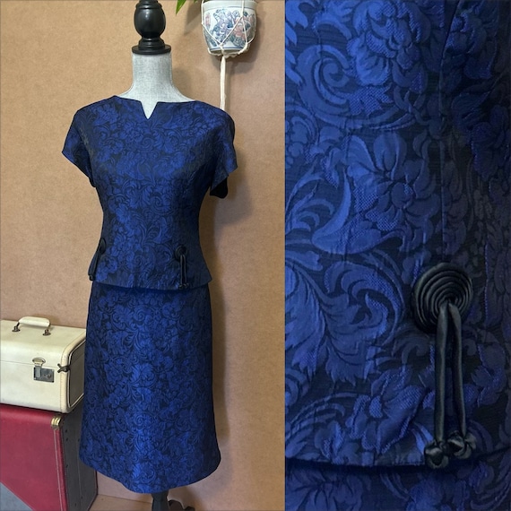 1950s Blue Damask 2pc Dress Set / Large-XL / Vint… - image 1