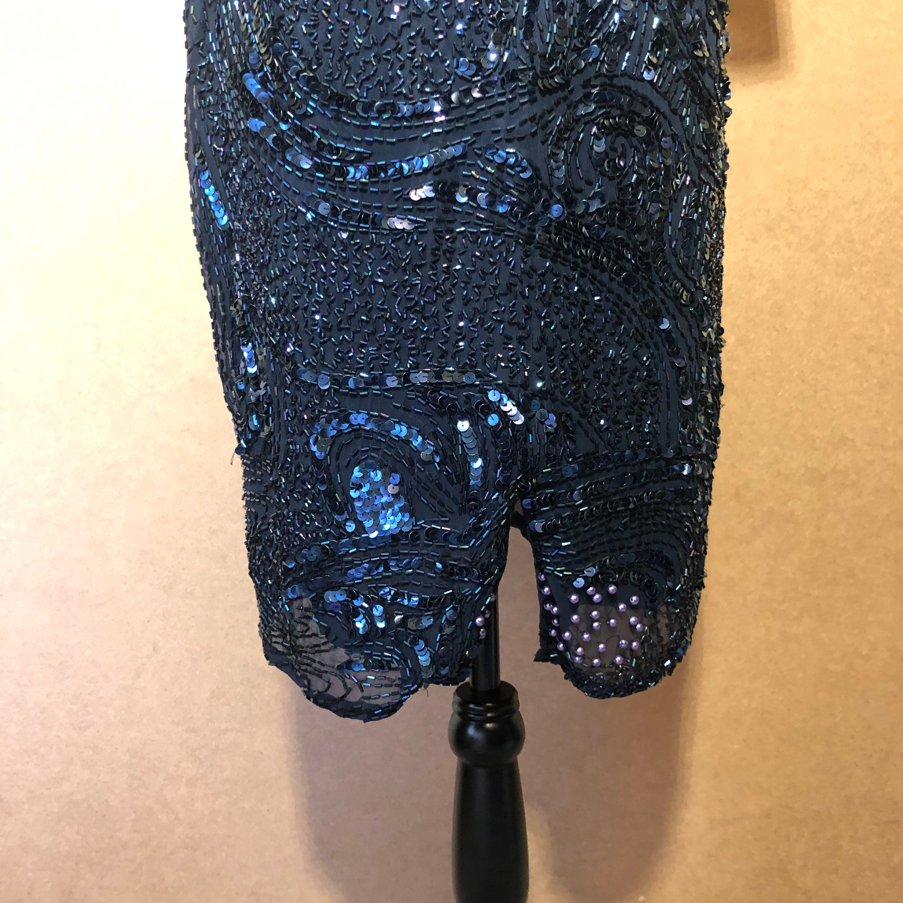1980s Blue Beaded Evening Dress
