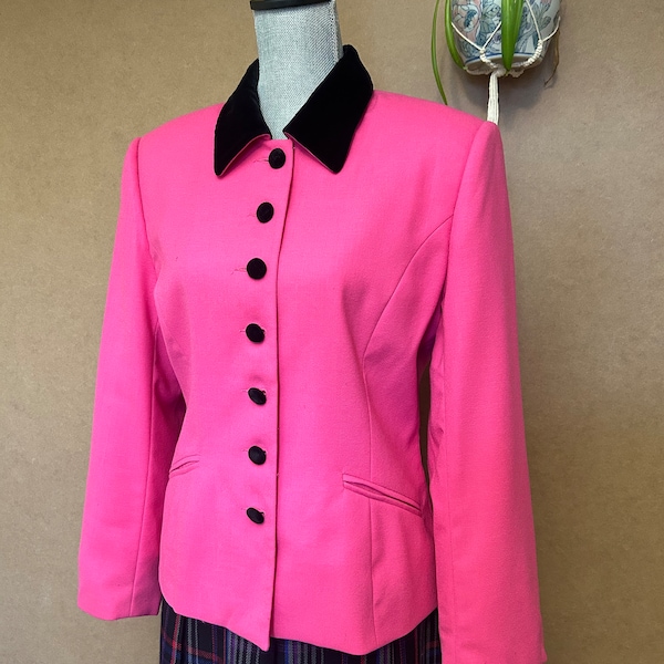 1980s Barbie Pink Wool Blazer / Size 10 / Medium - Large / Up to 40” chest / Realtor Jacket / Velvet Trim