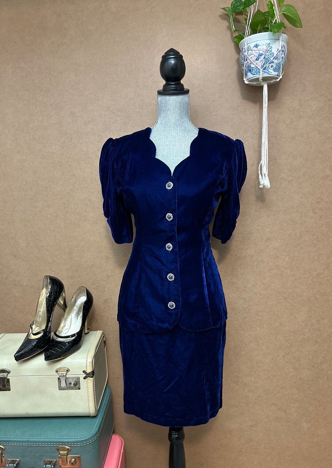 1990s Blue Velvet Dress Suit / Medium / up to 30 Waist / Pencil Skirt ...