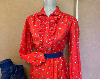 Vintage 1970s Red Floral Dress, Ruffled Neck, Petite Medium