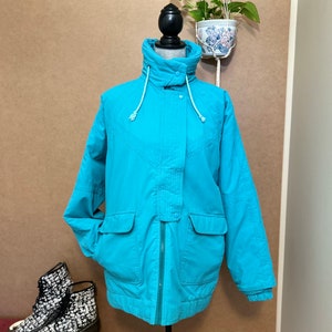 1980s Turquoise Parka / Large / Vintage Coat / Retro Quilted Warm Jacket