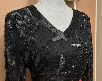 Haut noir perlé glamour des années 80/chemisier en soie petit-moyen/vintage/chemisier de fête des fêtes