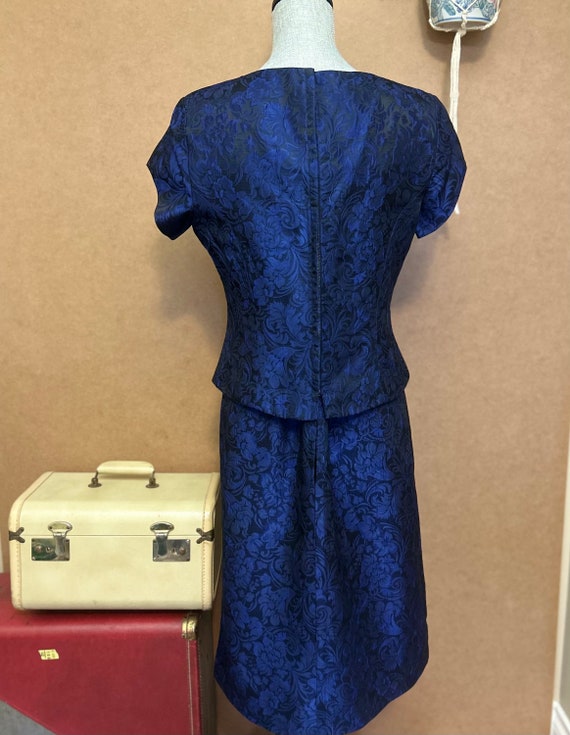 1950s Blue Damask 2pc Dress Set / Large-XL / Vint… - image 4