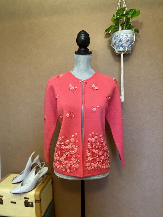 1960s Pink Beaded Cardigan: Vintage Hand-Embroidered Satin Roses (M/L)