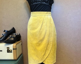 Vintage Yellow Suede Skirt / Up to 30” Waist / Mustard Yellow Leather Skirt