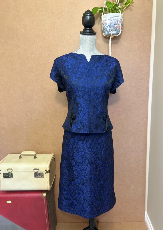 1950s Blue Damask 2pc Dress Set / Large-XL / Vint… - image 2