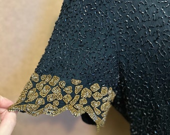 Chemisier Noir Laurence Kazar En Soie 100% Avec Perles - Taille L, Occasion Très Bon état