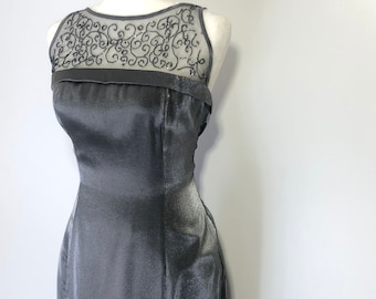 1990s Beaded Formal Dress / Medium / Bias Cut Gunmetal Gray / Pewter Cocktail Dress / Vintage Prom Dress