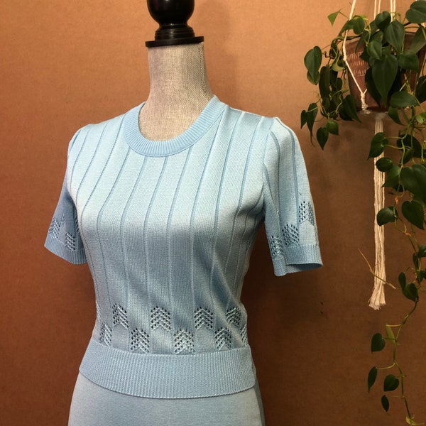 Vintage Blue Knit Granny Dress / Medium - Large / 18-30” Waist / Robins Egg Blue / Knitwear / Retro 1980s Dropwaist Librarian Dress