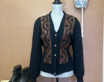 90s Black Mohair Vintage Cardigan With Knitted Flower Detail