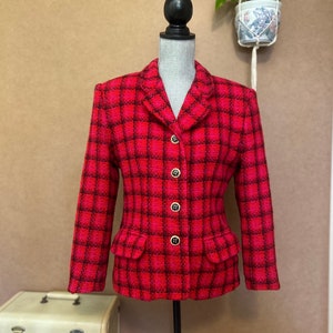 90s Red Plaid Blazer / Medium / Vintage Textured Jacket With Pockets / Red and Pink Separates / Lined Suit Coat