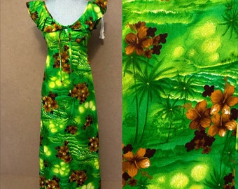vintage Green Hawaiian Dress / Small / 1960s Barkcloth Tropical Dress / Summer Sundress / Rockabilly Luau