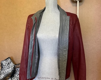 90s Burgundy Leather Jacket / Medium / Vintage Coat / Grey Accent / Pockets / Cyberpunk Henchman