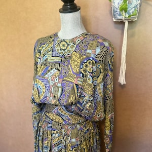1990er Jahre Kunst Lehrerin Kleid / klein / Vintage Batwing / drapiertes Bedrucktes Kleid mit Taschen / Miss Frizzle