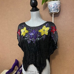 1980s Pailletten-Top / Small-Medium-Large / Blumen Perlen Disco Shirt / Vintage Sparkle Flower Überwurf