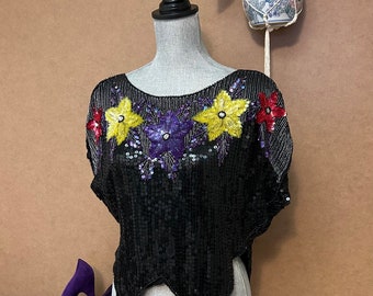1980s Sequinned Top / Small-Medium-Large / Floral Beaded Disco Shirt / Vintage Sparkle Flower Cover