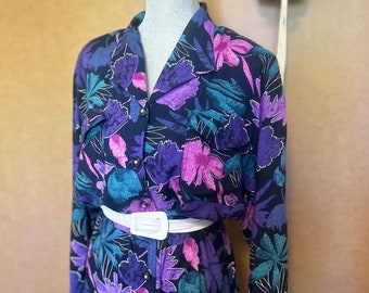 Vintage Floral Dress / Medium-Large / 1980s Shirtwaist / Elastic Waisted Summer Dress