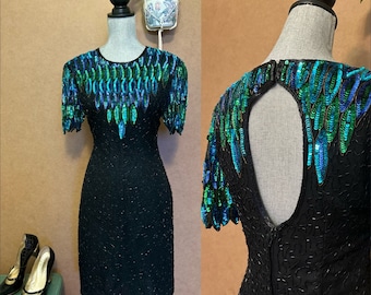 1980s Beaded Silk Dress / Size 6 / Medium / Peacock Sequined Party Dress / Holiday Party / New Years / Glamour