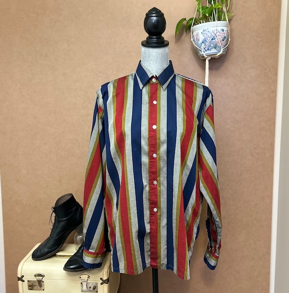 Vintage Striped Shirt / Unisex Buttoned Shirt / Size 16 / Handmade 1980s Circus Barker /