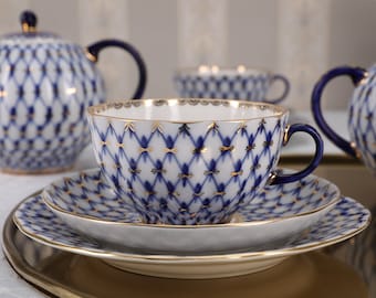 Vintage Lomonosov Imperial Porcelain Cobalt Net Tea Trio - Etsy