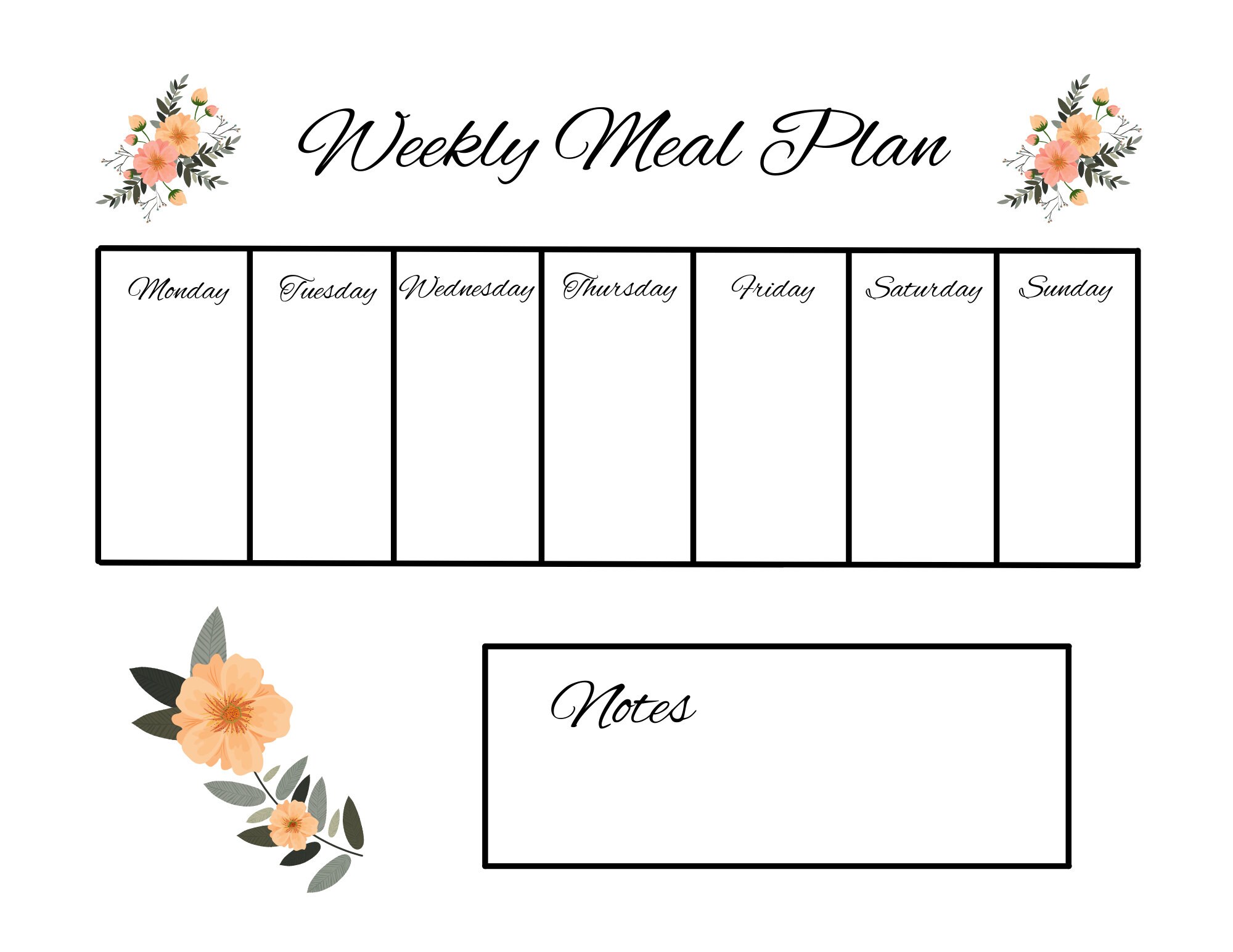 Floral Weekly Meal Plan - Flower Weekly Meal Menu - Meal Planner ...