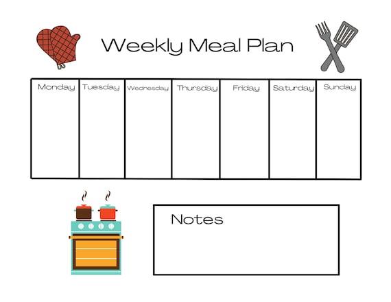 Kitchen Utensils Weekly Meal Plan Simple Weekly Meal Menu | Etsy