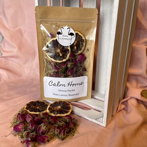 May include: A kraft paper bag with a clear window, labeled "Calm Home Simmer Pot Kit." The bag contains dried rose buds, lemon slices, and rosemary. The Team Flamingo logo is visible. A small pile of the kit's contents sits in front.