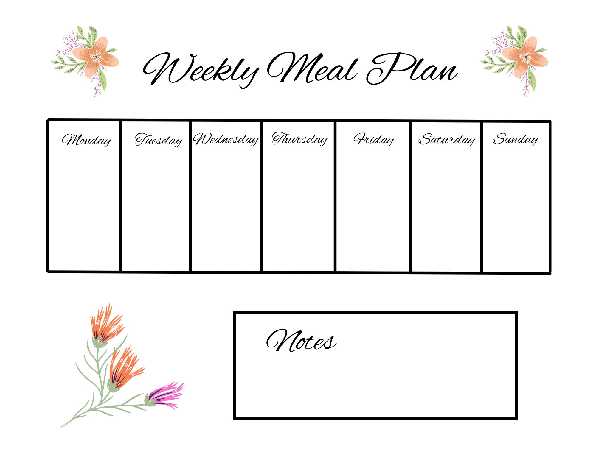 Floral Weekly Meal Plan - Flower Weekly Meal Menu - Meal Planner ...