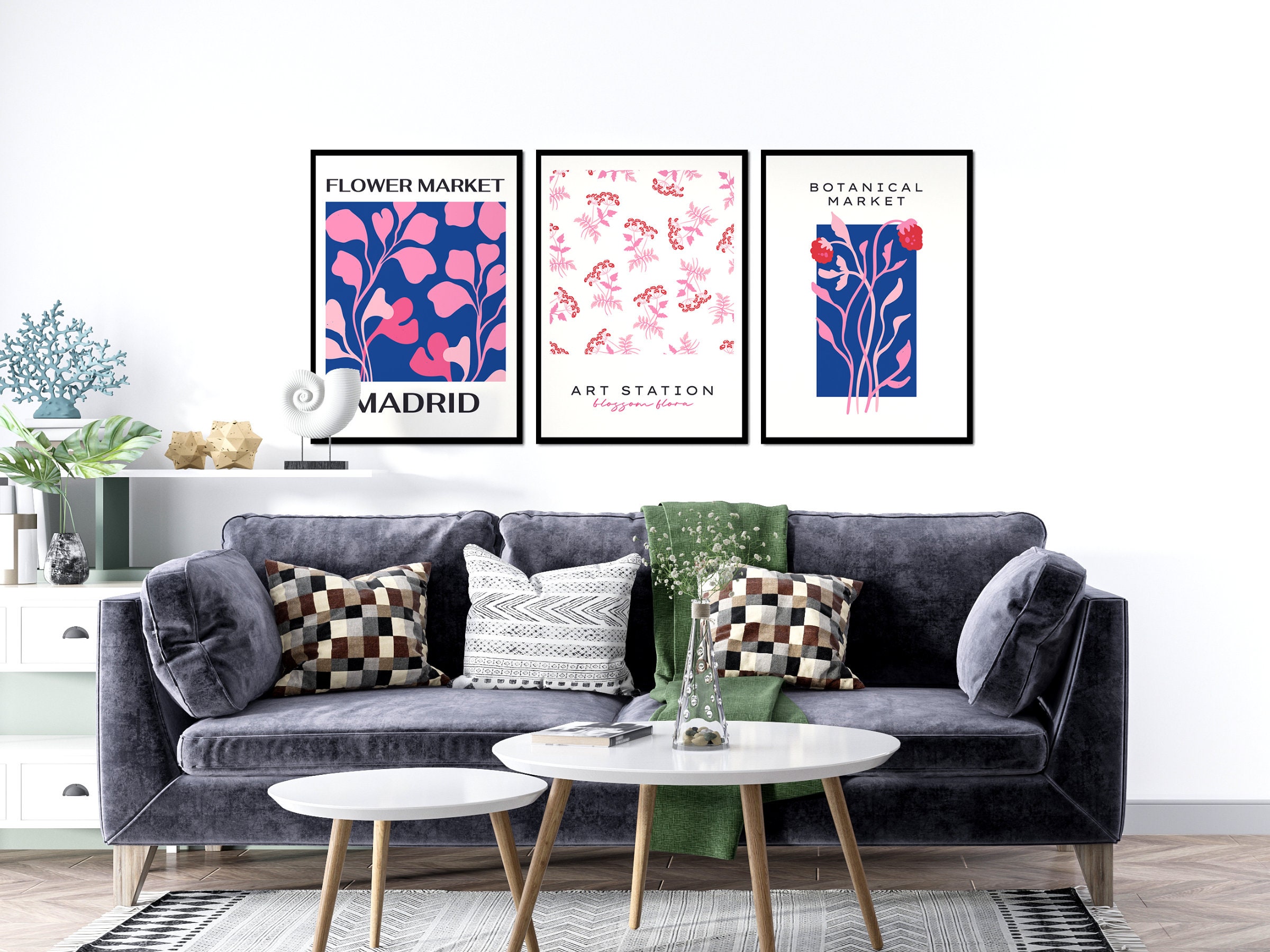 Floral Printable Wall Art Set of 3, Botanical Wall Art, Modern Colorful ...