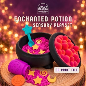 May include: A black cauldron sensory playset with a lid, containing bright pink kinetic sand, yellow star and moon shapes, and a teal star-topped spoon. A purple jar with moon and star engravings sits nearby. Text reads ENCHANTED POTION SENSORY PLAYSET.
