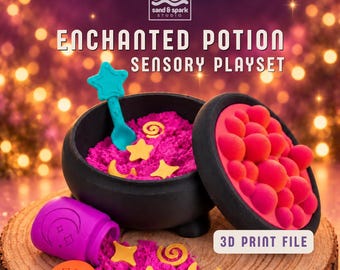 Enchanted Potion Playset 3D Print File | Cauldron Sandbox, Potion Bottle & Magical Spoon | Commercial Use